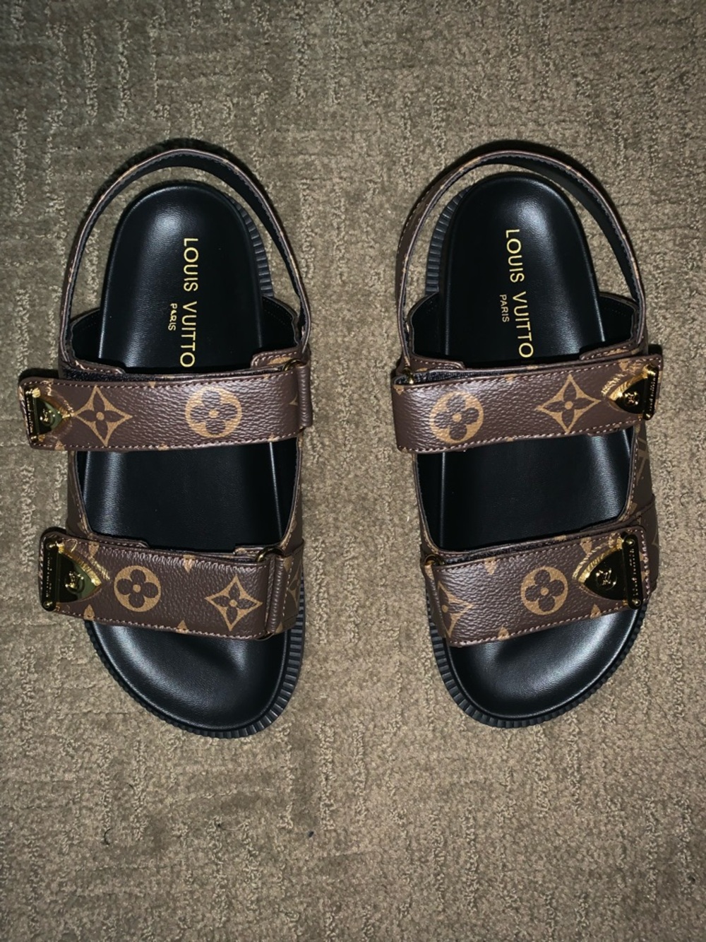 Brown Monogram Strap Sandals with Gold Hardware - Picture 2 of 10